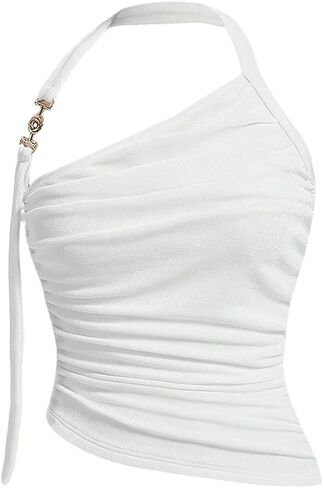 Floerns Women's Y2k Asymmetrical Halter Tops Ruched Sleeveless Going Out Crop Tops in Saudi Arabia