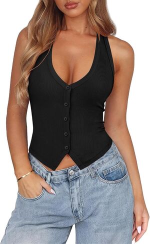 Womens Button Down Tank Top for Women Ribbed Button Up Halter Fitted Vest Summer Sexy Trendy Cute Crop Going Out Tops in Kuwait
