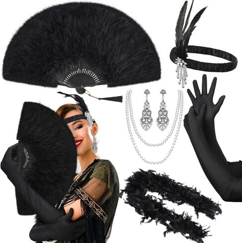 Zhanmai 7 Pcs 1920s Flapper Accessories for Women Gatsby Accessories Set Headband Earrings Necklace Gloves Marabou Feather Fan(Vintage) in Saudi Arabia