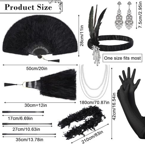 Zhanmai 7 Pcs 1920s Flapper Accessories for Women Gatsby Accessories Set Headband Earrings Necklace Gloves Marabou Feather Fan(Vintage) in Saudi Arabia