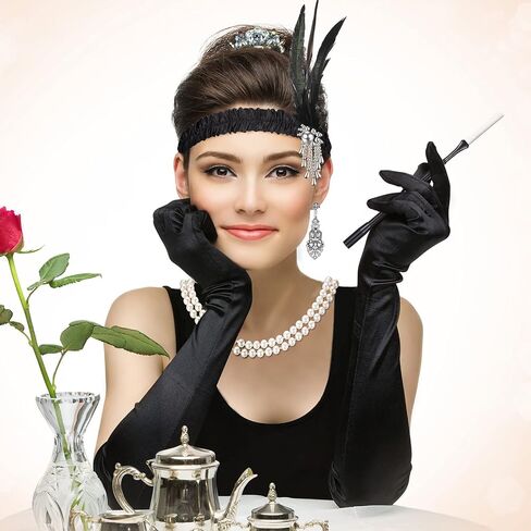 Zhanmai 7 Pcs 1920s Flapper Accessories for Women Gatsby Accessories Set Headband Earrings Necklace Gloves Marabou Feather Fan(Vintage) in Saudi Arabia