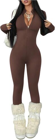 Milumia Women's Long Sleeve Bodycon Jumpsuit Zip Up One Piece Romper Pants Clubwear in Saudi Arabia