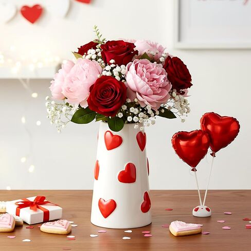 Chunful Valentine Day Centerpiece for Table Embossed Red Heart Ceramic Vase 7.1 in Valentine Decoration for Home Gift for Women Girls Modern Decorative Flower White Vases for Living Room Table Decor in Saudi Arabia