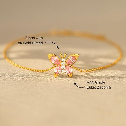 STORYJEWELLERY Butterfly Bracelet, Gold Plated Bracelets for Women, Dainty Charm Bracelet Adorned with Pink Cubic Zirconia, Butterfly Gifts for Women on Birthday Graduation Mother's Day in Saudi Arabia