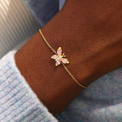 STORYJEWELLERY Butterfly Bracelet, Gold Plated Bracelets for Women, Dainty Charm Bracelet Adorned with Pink Cubic Zirconia, Butterfly Gifts for Women on Birthday Graduation Mother's Day in Saudi Arabia