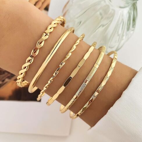 6 Pcs Gold Plated Bracelet Set for Women: Bangles, Cuffs & Dainty Chains | 14K Mixed Stackable Bracelets for Layered Look, Complete Jewelry Collection Gift in Saudi Arabia