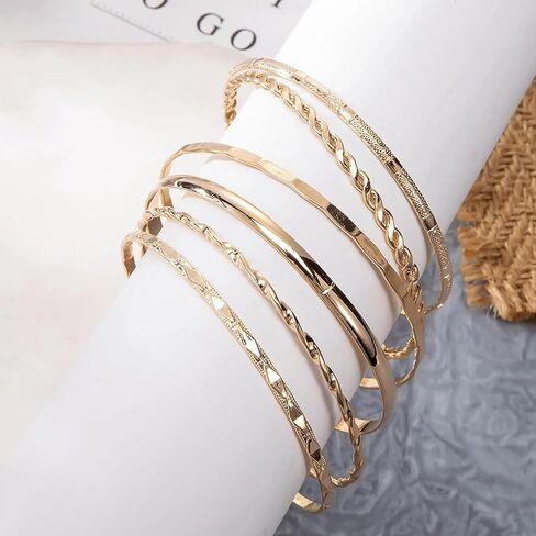6 Pcs Gold Plated Bracelet Set for Women: Bangles, Cuffs & Dainty Chains | 14K Mixed Stackable Bracelets for Layered Look, Complete Jewelry Collection Gift in Saudi Arabia