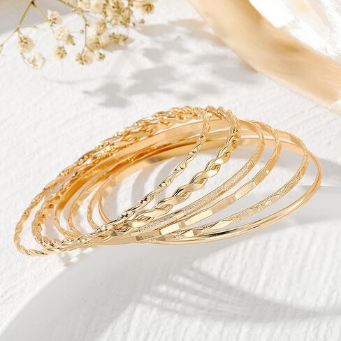 6 Pcs Gold Plated Bracelet Set for Women: Bangles, Cuffs & Dainty Chains | 14K Mixed Stackable Bracelets for Layered Look, Complete Jewelry Collection Gift in Saudi Arabia