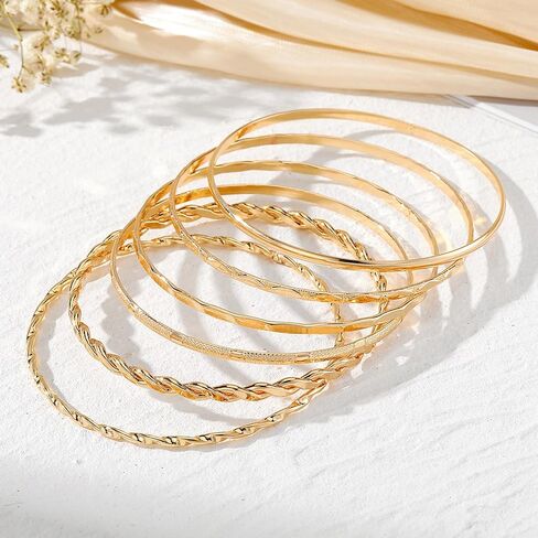 6 Pcs Gold Plated Bracelet Set for Women: Bangles, Cuffs & Dainty Chains | 14K Mixed Stackable Bracelets for Layered Look, Complete Jewelry Collection Gift in Saudi Arabia