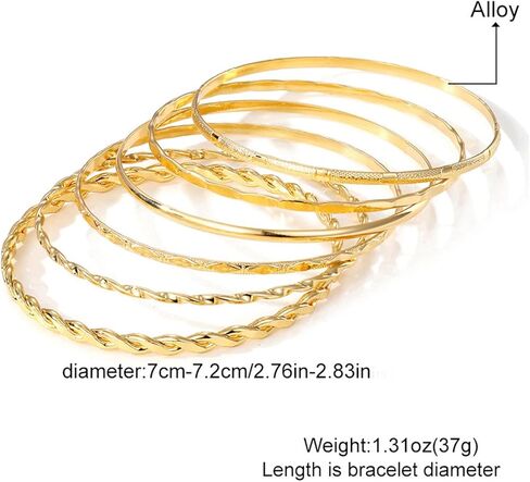 6 Pcs Gold Plated Bracelet Set for Women: Bangles, Cuffs & Dainty Chains | 14K Mixed Stackable Bracelets for Layered Look, Complete Jewelry Collection Gift in Saudi Arabia