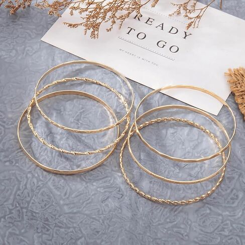 6 Pcs Gold Plated Bracelet Set for Women: Bangles, Cuffs & Dainty Chains | 14K Mixed Stackable Bracelets for Layered Look, Complete Jewelry Collection Gift in Saudi Arabia