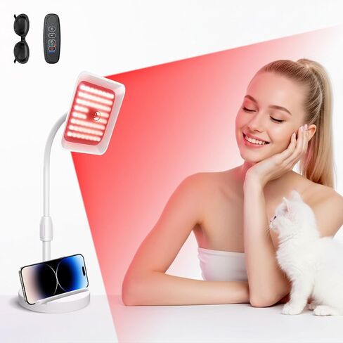 العلاج بالضوء الأحمر للوجه والجسم، 3 مصابيح LED بطول موجي 660 نانومتر 730 نانومتر 850 نانومتر مصباح مكتب للعلاج بالأشعة تحت الحمراء مع حامل للرأس والهاتف قابل للتعديل 360 درجة، للاستخدام المحمول في المنزل والمكتب مع نظارات، هدية مثالية in Kuwait