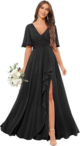 فساتين وصيفة العروس بأكمام قصيرة للنساء فستان شيفون رسمي لحفلات الزفاف مع جيوب in Kuwait