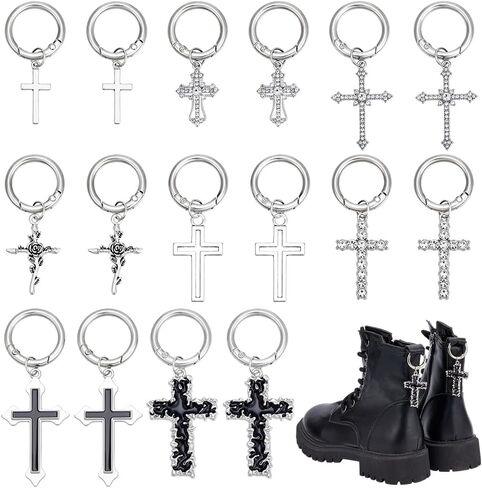 WEBEEDY 16 Pcs 8 Styles Silver Cross Boot Charms Gothic Boot Heel Pendants Cross Rose Rhinestone Shoe Charm with Clasp for Daily Outfits Goth Cosplay Party Christmas Decoration Gift in Saudi Arabia
