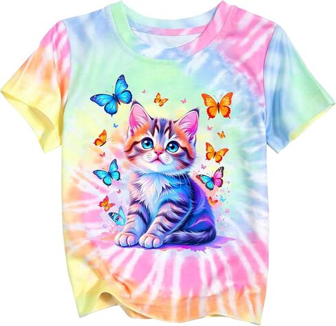 Girls Shirts Cat T Shirt Size 5-12 Tie Dye 3D Printed Cat Shirt for Kids Short Sleeve Crewneck Tee Top in Saudi Arabia