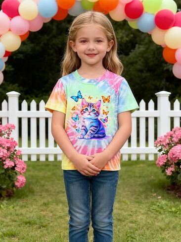Girls Shirts Cat T Shirt Size 5-12 Tie Dye 3D Printed Cat Shirt for Kids Short Sleeve Crewneck Tee Top in Saudi Arabia