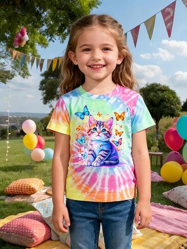 Girls Shirts Cat T Shirt Size 5-12 Tie Dye 3D Printed Cat Shirt for Kids Short Sleeve Crewneck Tee Top in Saudi Arabia
