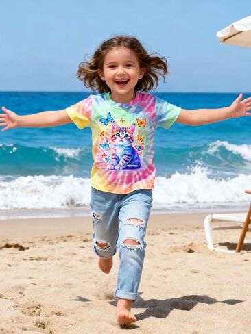 Girls Shirts Cat T Shirt Size 5-12 Tie Dye 3D Printed Cat Shirt for Kids Short Sleeve Crewneck Tee Top in Saudi Arabia