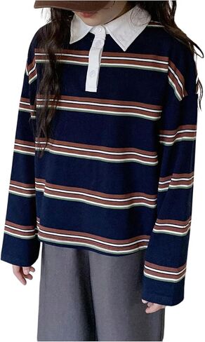 GORGLITTER Girl's Y2k Striped Rugby Shirt Oversized Long Sleeve Collared Polo Shirt Vintage Preppy Jersey Streetwear in Saudi Arabia