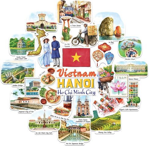 Navy Peony Vibrant Vietnam Travel Stickers (29pcs) - Watercolor, Vietnamese-Themed Vacation Decals for Journals, Scrapbooks, Luggage, Tumbler in Kuwait