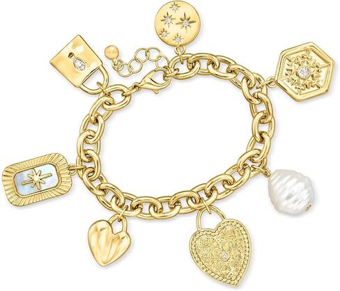 Ross-Simons 14kt Yellow Gold-Plated Charm Bracelet With Simulated Gemstones, Pearl and .50 ct. t.w. Czs. 7 inches in Saudi Arabia