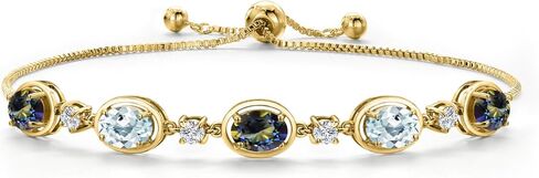 18K Yellow Gold Plated Silver Blue Mystic Topaz, Sky Blue Aquamarine and Lab Grown Diamond Bracelet For Women | 4.75 Cttw | Gemstone November Birthstone | Oval 7X5MM | Fully Adjustable 9 Inch in Saudi Arabia