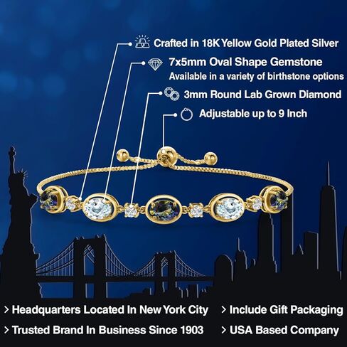 18K Yellow Gold Plated Silver Blue Mystic Topaz, Sky Blue Aquamarine and Lab Grown Diamond Bracelet For Women | 4.75 Cttw | Gemstone November Birthstone | Oval 7X5MM | Fully Adjustable 9 Inch in Saudi Arabia