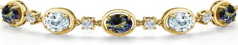18K Yellow Gold Plated Silver Blue Mystic Topaz, Sky Blue Aquamarine and Lab Grown Diamond Bracelet For Women | 4.75 Cttw | Gemstone November Birthstone | Oval 7X5MM | Fully Adjustable 9 Inch in Saudi Arabia