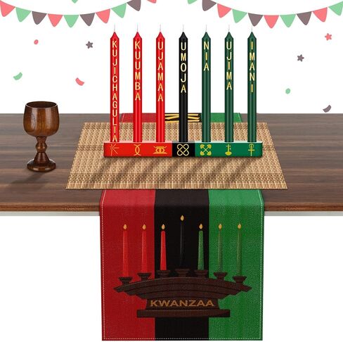 مجموعة 11 قطعة من Kwanzaa Kinara تتضمن 7 شموع مستدقة عديمة اللهب باللون الأحمر والأخضر والأسود وحامل شموع كينارا من الخيزران وحصيرة طاولة خشبية وكأس نبيذ وديكور أمريكي أفريقي لكوانزا in Kuwait