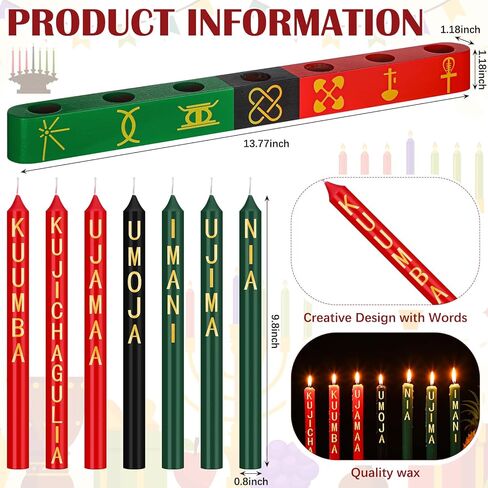 مجموعة 11 قطعة من Kwanzaa Kinara تتضمن 7 شموع مستدقة عديمة اللهب باللون الأحمر والأخضر والأسود وحامل شموع كينارا من الخيزران وحصيرة طاولة خشبية وكأس نبيذ وديكور أمريكي أفريقي لكوانزا in Kuwait