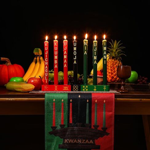 مجموعة 11 قطعة من Kwanzaa Kinara تتضمن 7 شموع مستدقة عديمة اللهب باللون الأحمر والأخضر والأسود وحامل شموع كينارا من الخيزران وحصيرة طاولة خشبية وكأس نبيذ وديكور أمريكي أفريقي لكوانزا in Kuwait