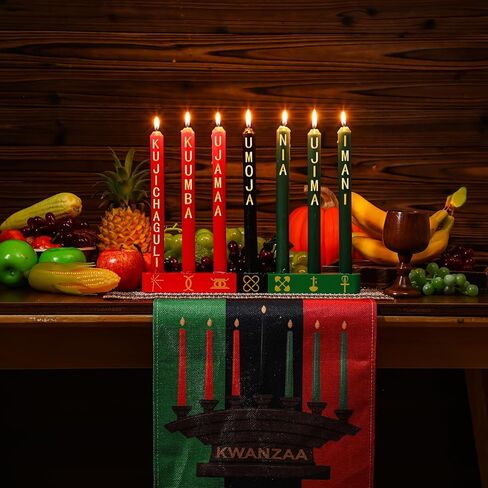مجموعة 11 قطعة من Kwanzaa Kinara تتضمن 7 شموع مستدقة عديمة اللهب باللون الأحمر والأخضر والأسود وحامل شموع كينارا من الخيزران وحصيرة طاولة خشبية وكأس نبيذ وديكور أمريكي أفريقي لكوانزا in Kuwait