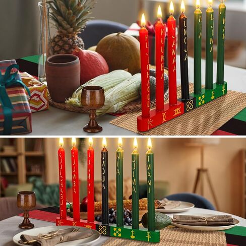 مجموعة 11 قطعة من Kwanzaa Kinara تتضمن 7 شموع مستدقة عديمة اللهب باللون الأحمر والأخضر والأسود وحامل شموع كينارا من الخيزران وحصيرة طاولة خشبية وكأس نبيذ وديكور أمريكي أفريقي لكوانزا in Kuwait