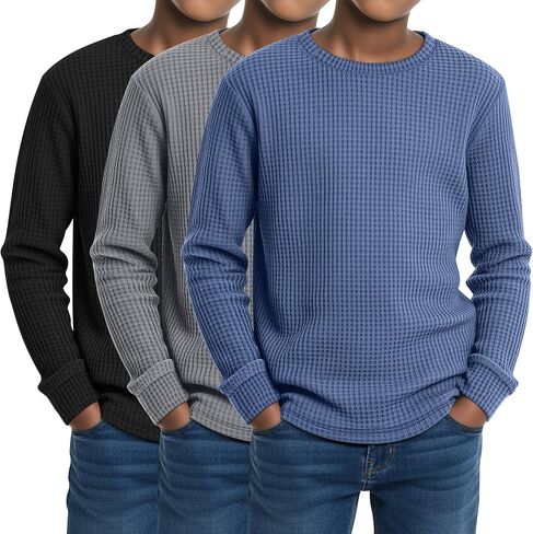 3 Pack Boy's Waffle Long Sleeve Shirts Thermal Crew Neck Cotton Blend Shirts with Curved Hem 3-16 Years in Saudi Arabia