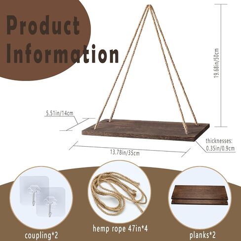 Wood Hanging Shelves for Wall, Wall Hanging Shelf, Window Plant shelves, Floating Wall Shelves for Living Room Bedroom Bathroom Kitchen (Dark brown), XGCN531 in Saudi Arabia