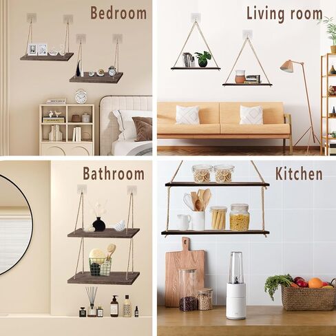 Wood Hanging Shelves for Wall, Wall Hanging Shelf, Window Plant shelves, Floating Wall Shelves for Living Room Bedroom Bathroom Kitchen (Dark brown), XGCN531 in Saudi Arabia