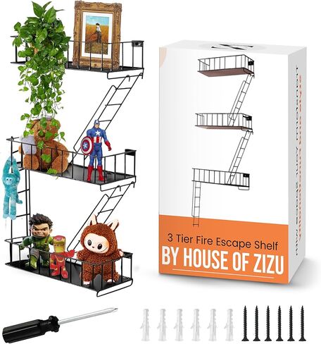 Fire Escape Shelf, 3 Tier Action Figure Shelf with Screws & Screwdriver, New York Metal Decorative and Unique Rustic Trinket Shelves for Home Décor, & Bedroom, Black in Saudi Arabia