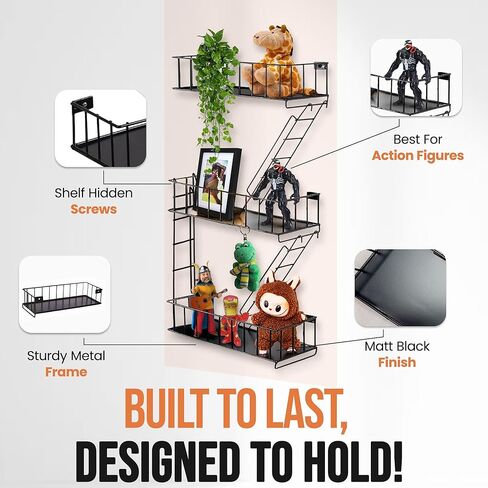 Fire Escape Shelf, 3 Tier Action Figure Shelf with Screws & Screwdriver, New York Metal Decorative and Unique Rustic Trinket Shelves for Home Décor, & Bedroom, Black in Saudi Arabia