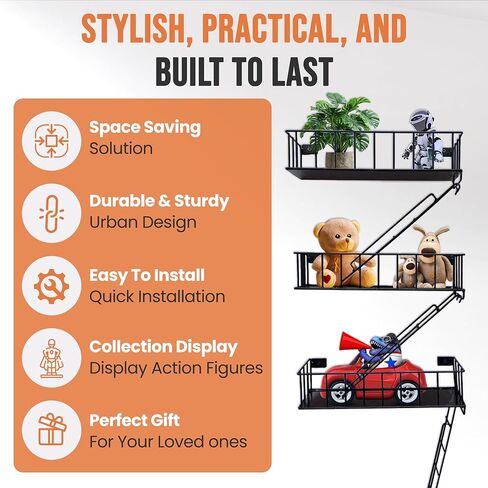 Fire Escape Shelf, 3 Tier Action Figure Shelf with Screws & Screwdriver, New York Metal Decorative and Unique Rustic Trinket Shelves for Home Décor, & Bedroom, Black in Saudi Arabia