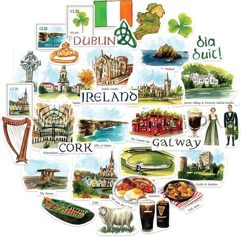 Navy Peony Emerald Ireland Travel Stickers (34pcs) - Watercolor, Waterproof, Irish Themed Vacation Decals for Journals, Scrapbooks, Tumblers in Kuwait