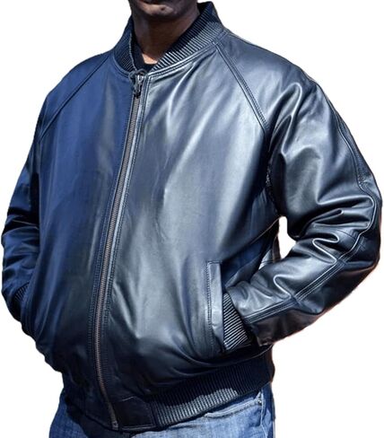 Men's Genuine Lambskin Leather Bomber Biker Jacket Navy Blue Baseball Style Jacket in Saudi Arabia