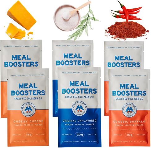 وجبة Boosters MB Variety Pack Sampler مكمل البروتين اللذيذ، الجبن الجبني، الجاموس، بدون نكهة، الكولاجين العشبي، نمو العضلات، الأوتار، الأربطة، إصلاح بشرة الشعر، صحة الأمعاء in Kuwait