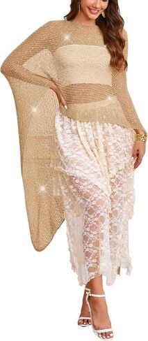 MAKABO Women's Crochet Sheer Poncho Top Lightweight Sparkly Shrug Pullover Knit Bolero Sweater Cover Up Beachwear in Saudi Arabia