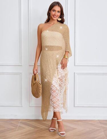 MAKABO Women's Crochet Sheer Poncho Top Lightweight Sparkly Shrug Pullover Knit Bolero Sweater Cover Up Beachwear in Saudi Arabia