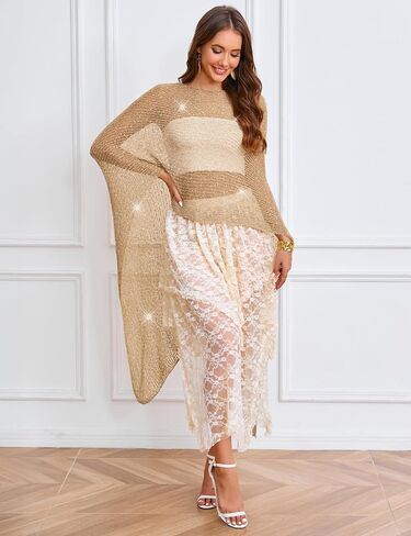 MAKABO Women's Crochet Sheer Poncho Top Lightweight Sparkly Shrug Pullover Knit Bolero Sweater Cover Up Beachwear in Saudi Arabia