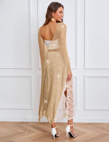 MAKABO Women's Crochet Sheer Poncho Top Lightweight Sparkly Shrug Pullover Knit Bolero Sweater Cover Up Beachwear in Saudi Arabia