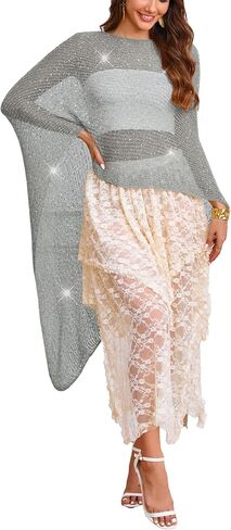 MAKABO Women's Crochet Sheer Poncho Top Lightweight Sparkly Shrug Pullover Knit Bolero Sweater Cover Up Beachwear in Saudi Arabia