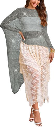 MAKABO Women's Crochet Sheer Poncho Top Lightweight Sparkly Shrug Pullover Knit Bolero Sweater Cover Up Beachwear in Saudi Arabia