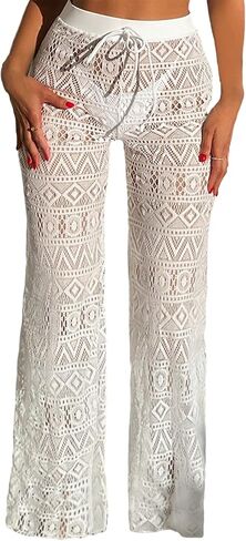 Milumia Women's Hollow Out Crochet Beach Pants Drawstring Tie High Waist Swimsuit Cover Up Pants in Saudi Arabia