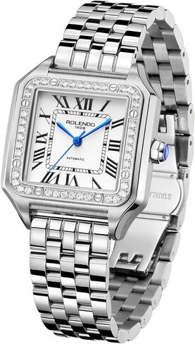 Automatic Watch for Women, Luxury Square Silver Watch, Roman Numerals, 33mm Ladies Watch Elegant, Stainless Steel Bracelet, Diamond Wrist Watches for Work Dress, Gift for Her, in Saudi Arabia